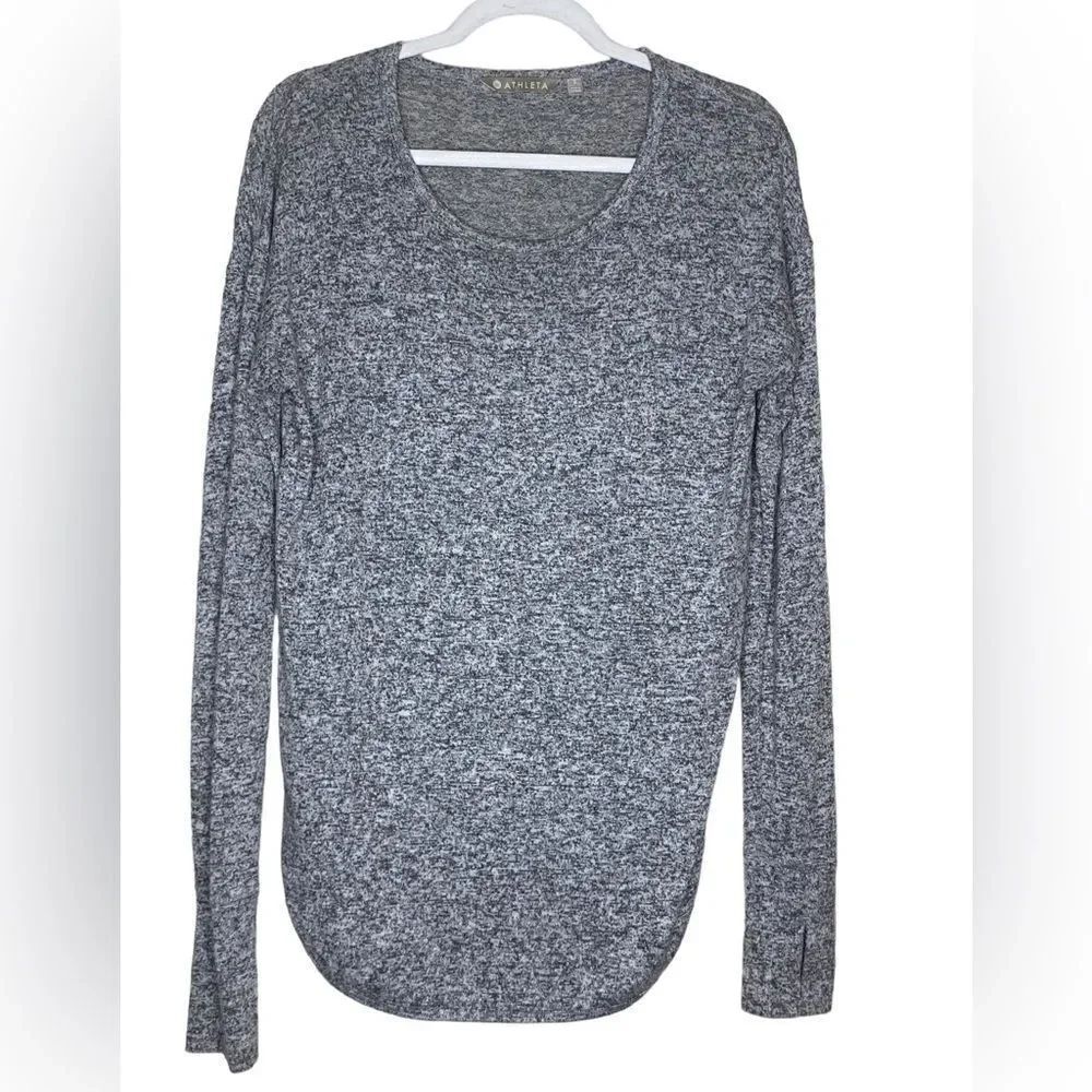 Athleta Wm’s Sz Sm Dark Heather Gray Crew Neck Thumb Holes Curved Hem Tunic Top